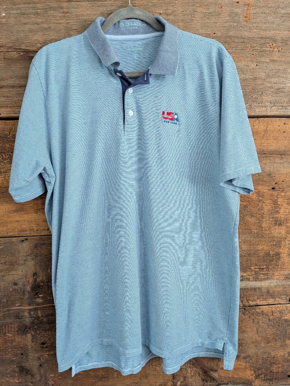 B Draddy Polo Shirt Mens Large Blue White Striped USA NY Golf Shirt